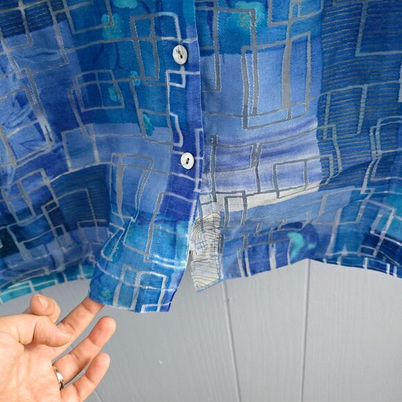 Mirasol Blue Abstract Blouse M – Linen Blend, Classic, Minimalist - Picture 6 of 8